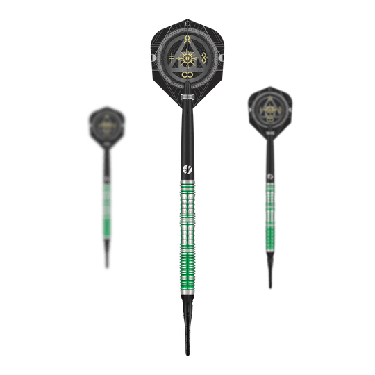 Das Bild zeigt ein Set der Shot Alchemy Mythril Softdarts - 20g. Auf dem Foto sind alle enthaltenen Darts abgebildet.
