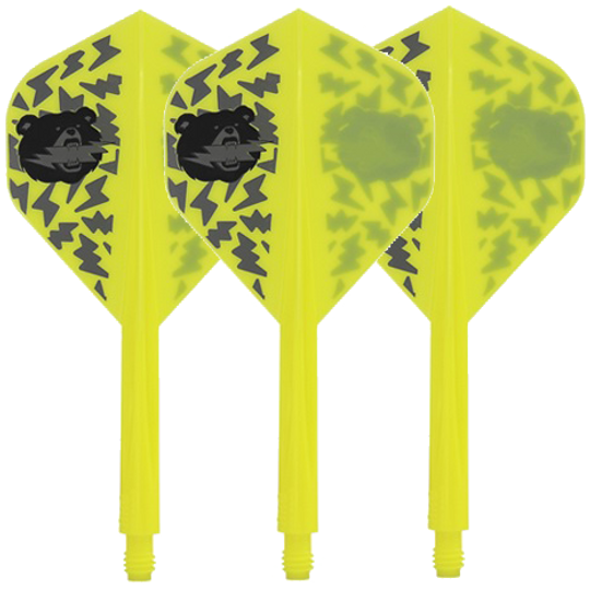 Das Bild zeigt drei gelbe Dartflights mit schwarzem Bärenmotiv und Blitzmustern. Die Flights gehören zum Produkt „Condor Axe Black Bear Miyu Miyawaki Flight-Shaft Yellow – Standard“.
