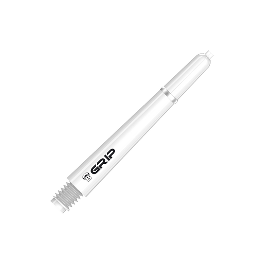 Das Bild zeigt einen weißen Bulls B-Grip-2 SL Schaft für Dartpfeile. Auf dem Schaft ist das Wort "GRIP" in schwarzer Schrift zu sehen.