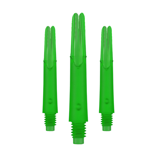 Auf dem Bild sind drei gerade, grüne Dartschäfte ohne Kappen zu sehen. Sie sind durchsichtig und haben am unteren Ende ein Gewinde.