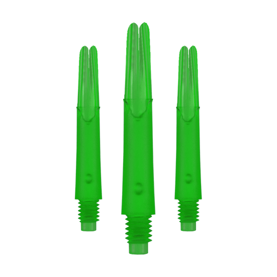 L-L-Style-Shafts Locked Straight - Green L-Style L-Shafts Locked Straight, spezielle Farbe, längeres Set. Das Foto zeigt drei lange Dart-Schäfte aufgereiht.