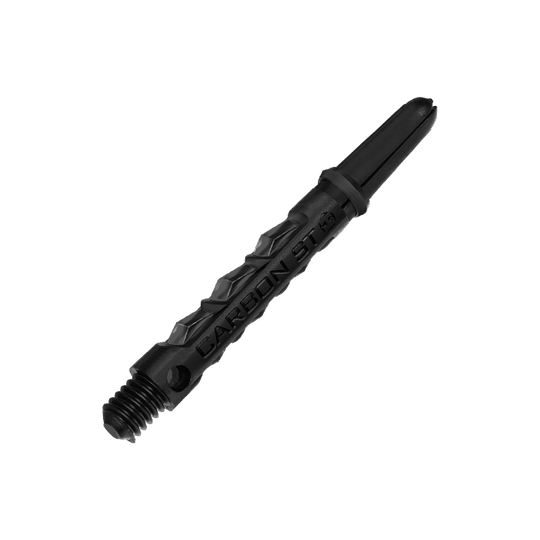 HR435_Harrows_Carbon_ST_Shafts_Schwarz_40mm_2 Das Bild zeigt einen schwarzen Harrows Carbon ST Shafts für Darts. Der Schaft besteht aus robustem Carbonmaterial und hat eine strukturierte Oberfläche.