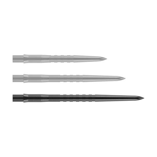 Auf dem Bild sind drei schwarze, gerillte Stahlspitzen für Steeldarts zu sehen. Sie liegen parallel nebeneinander auf einem neutralen Hintergrund.