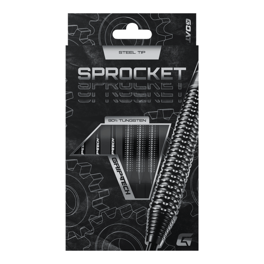 GOAT Sprocket Tungsten Steel Darts Die Abbildung zeigt die Verpackung der GOAT Sprocket Tungsten Steeldarts. Auf der Packung sind die Eigenschaften wie "Steel Tip" und "90% Tungsten" deutlich hervorgehoben.