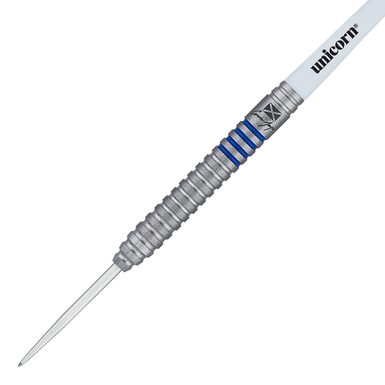 Das Bild zeigt einen Unicorn Contender Camerion Menzies Steeldart mit einem Gewicht von 23g. Der Dart hat blaue Ringe und einen silbernen, geriffelten Griff.
