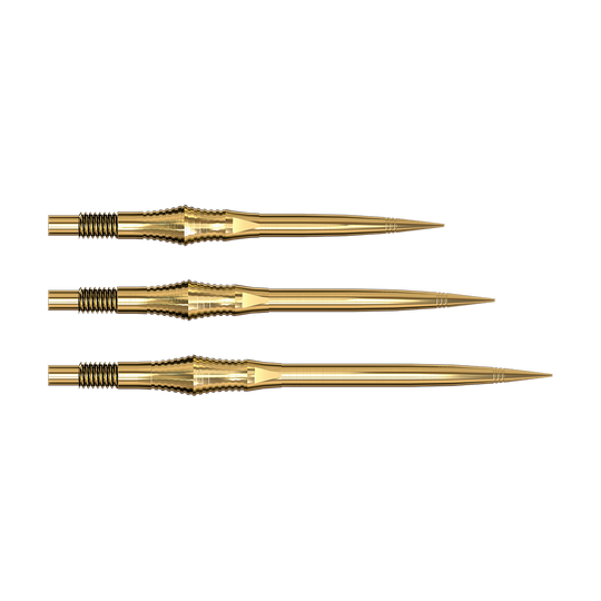 Die Spire Gold Elite Series Dartspitzen sind abgebildet. Sie sind goldfarben und schlank gebaut.