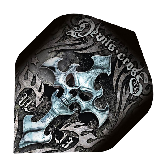 ALC1_Alchemy_Devils_Cross_Standard_Flights_1 Das Bild zeigt ein Dart-Flight mit einem Totenkopf-Kreuz-Design und dem Schriftzug "Devils cross". Die Farben sind hauptsächlich schwarz, grau und silber, was dem Flight einen düsteren Look verleiht.