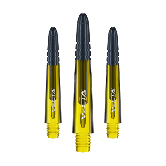 7025-106_Winmau_Vecta_Shafts_Gelb_34mm_1 Das Bild zeigt drei gelbe Winmau Vecta Shafts für Darts. Die Schäfte haben einen schwarzen oberen Teil und ein silbernes Logo.
