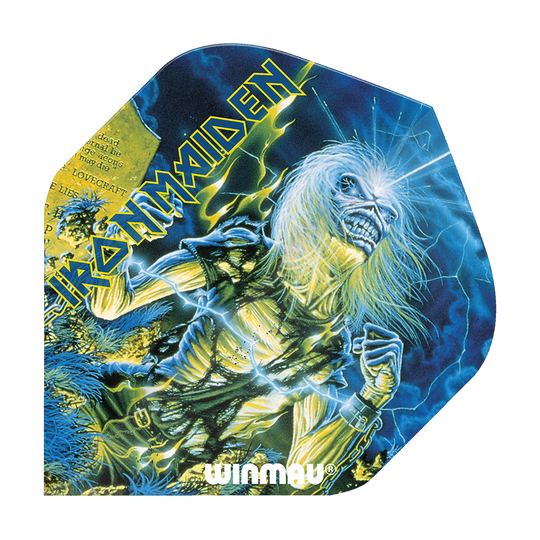 6905-240_Winmau_Iron_Maiden_Life_After_Death_Standard_Flights_1 Das Bild zeigt ein Dartflight mit dem Motiv des Iron Maiden Albums "Life After Death". Auf dem Flight sind der Bandname, ein Skelett und der Schriftzug "Winmau" zu sehen.