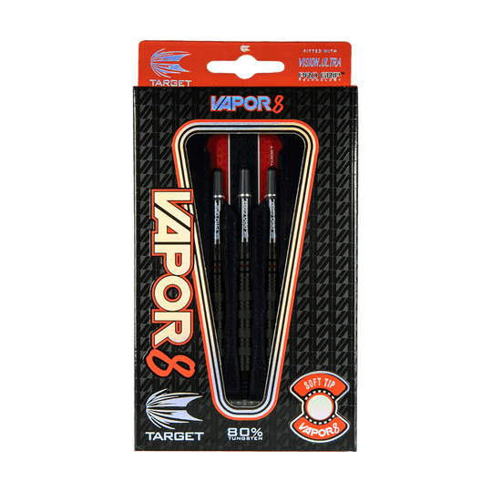 Target Vapor8 05 soft darts - 18g Das Bild zeigt die Verpackung der "Target Vapor8 05 Softdarts - 18g". In der Packung befinden sich drei schwarze Softdarts mit roten Flights.
