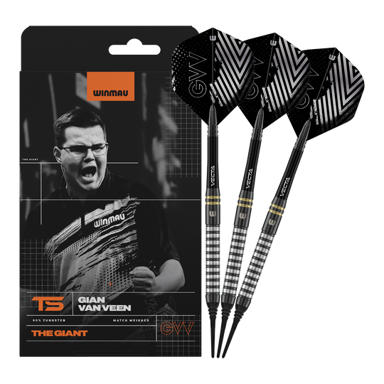 Winmau Gian Van Veen TS soft darts - 18g Winmau Gian Van Veen TS Softdarts mit 18g werden komplett dargestellt. Alle drei Darts sind zusammen zu sehen.