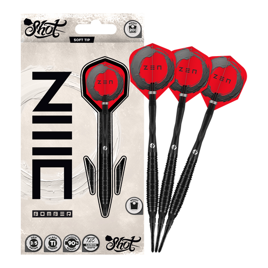 Shot ZEN Bomber soft darts - 20g Zu sehen sind die Shot ZEN Bomber Softdarts - 20g. Sie zeichnen sich durch ihre spezielle Form und das ansprechende Aussehen aus.