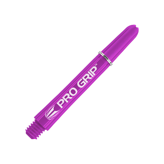 Das Bild zeigt einen lilafarbenen Dartshaft mit der Aufschrift "PRO GRIP". Der Shaft ist 41 mm lang und hat ein Schraubgewinde am Ende.