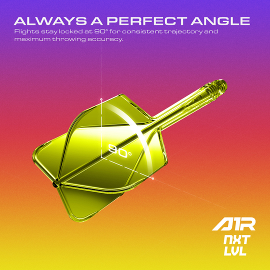 Abgebildet ist das GOAT A1R No6 Flight-Shaft-System in Neon Gelb. Das Bild stellt das Dartzubehör mit Fokus auf die Details dar.