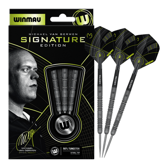 Winmau Michael Van Gerwen Signature Edition Steeldarts Zu sehen sind die Winmau Michael Van Gerwen Signature Edition Steeldarts. Das Produkt wurde in Zusammenarbeit mit dem Dartspieler Michael Van Gerwen entwickelt.