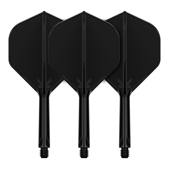 Target K-Flex No2 Standard Flight System - Black Das Bild zeigt drei schwarze Dartflights mit integrierten Schäften. Sie sind nebeneinander angeordnet und haben ein schlichtes, einfarbiges Design.