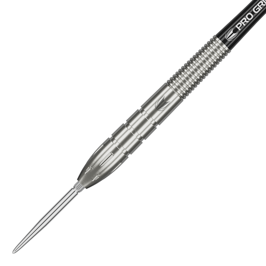 Das Bild zeigt einen silbernen Steeldart aus der Serie "Target Nathan Aspinall GEN1 Swiss Point". Der Dart hat ein gerilltes Griffstück und eine spitze Metallspitze.