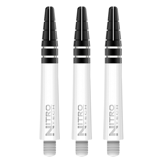 C441_Nitrotech_Short_White_V Das Bild zeigt drei weiße RedDragon Nitrotech Shafts für Dartpfeile. Die Schäfte haben schwarze Spitzen und das Logo "NITRO TECH" ist aufgedruckt.