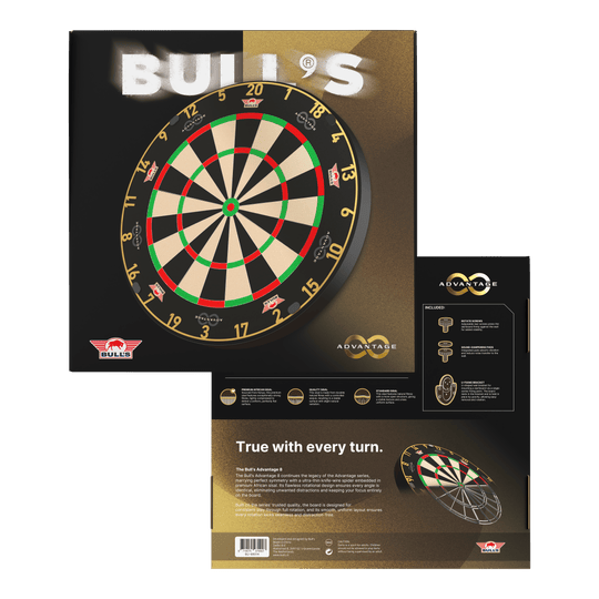 Zu sehen ist das Bulls NL Advantage 8 Steeldartboard. Die Steeldartscheibe besteht aus robustem Material für lange Spielzeiten.