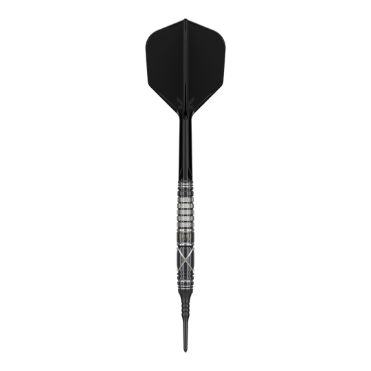 Das Bild zeigt einen Softdart namens "Target Japan Black Marque Chaos 2" mit einem Gewicht von 19 Gramm. Der Dart hat ein elegantes, schwarzes Design mit silbernen Akzenten am Griff.