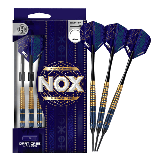Das Bild zeigt die Harrows Nox Premium Brass Softdarts. Es handelt sich um hochwertige Dartpfeile für Softdart-Spieler.