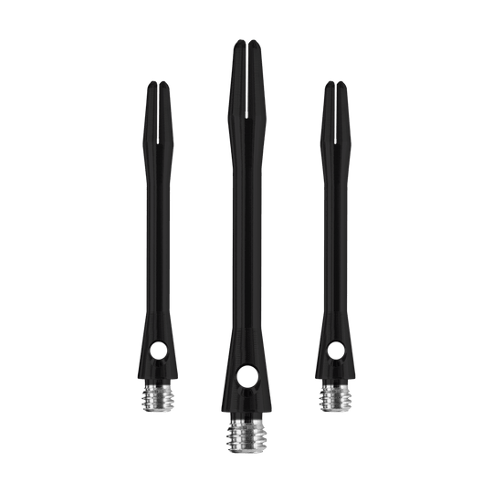 HR367_Harrows_Keramic_Shafts_Schwarz_41mm_1opZXbvCLssjsK Das Bild zeigt drei matt schwarze Harrows Keramic Shafts für Darts. Sie sind unterschiedlich lang und haben ein silbernes Gewinde am unteren Ende.