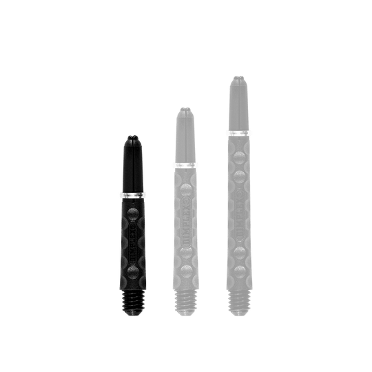 Harrows Dimplex Shafts - Schwarz Auf dem Bild sind drei schwarze Dartschäfte in verschiedenen Längen zu sehen. Sie haben eine strukturierte Oberfläche und einen silbernen Metallring.