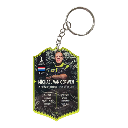 Ultimate Darts Card Keychain - Michael Van Gerwen Ultimate Darts Card Schlüsselanhänger - Michael Van Gerwen ist zu sehen. Der Schlüsselanhänger zeigt ein Motiv des berühmten Dartspielers Michael Van Gerwen.