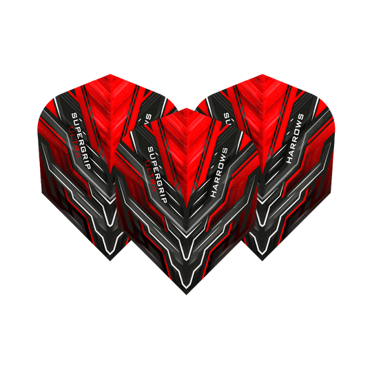 HR9_Harrows_Supergrip_Ultra_Red_Standard_Flights_1ZU7mfzcuGrVAC Das Bild zeigt drei rote Dart-Flights der Marke "Harrows Supergrip Ultra". Die Flights haben ein auffälliges schwarz-rotes Design mit weißen Akzenten.