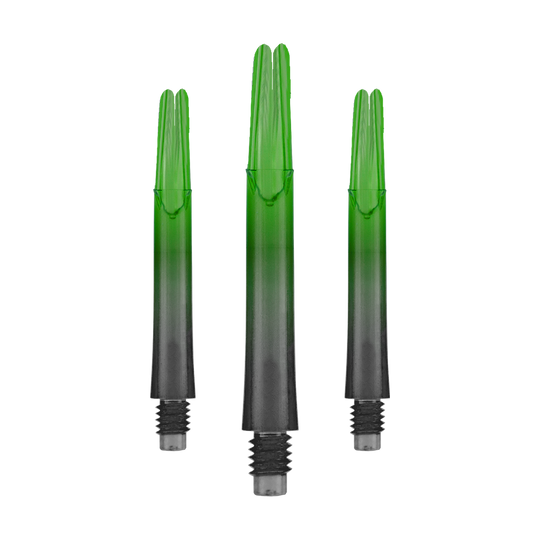 Auf dem Bild sind drei grün-schwarze Dartschäfte zu sehen. Sie sind gerade geformt und haben ein Schraubgewinde am unteren Ende.