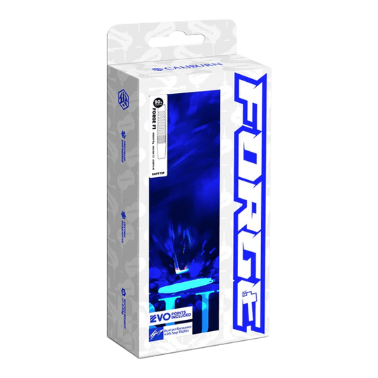 Caliburn Forge F3 steel darts - 22g Die Abbildung zeigt die Verpackung der „Caliburn Forge F3 Steeldarts - 22g“. Die Box ist überwiegend weiß mit blauen Akzenten und großem „FORGE“-Schriftzug an der Seite.