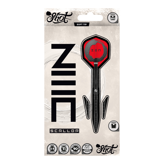 Shot ZEN Scallop Soft Darts - 20g Das Bild zeigt die Shot ZEN Scallop Softdarts mit einem Gewicht von 20 Gramm. Die Darts sind für Softdart geeignet und haben ein modernes Design.