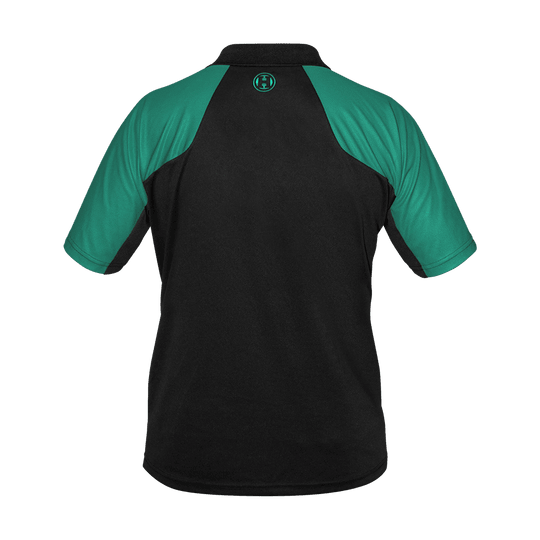 17577-Harrows-Vivid-Dartshirt-Black-Jade-2 Harrows Vivid Dartshirt Black/Jade liegt flach ausgebreitet. Das Shirt zeigt ein modernes Muster.