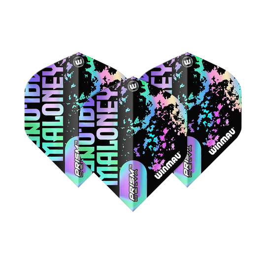 Das Bild zeigt die Winmau Prism Delta Mike Maloney Standard Flights. Sie sind mit bunten, auffälligen Farben und dem Namen „Maloney“ bedruckt.