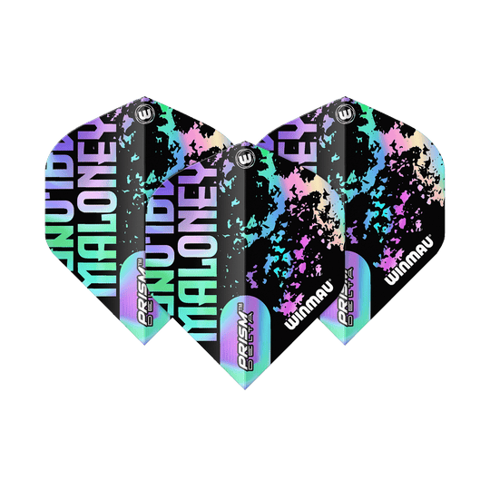 Winmau Prism Delta Mike Maloney Standard Flights Das Bild zeigt die Winmau Prism Delta Mike Maloney Standard Flights. Sie sind mit bunten, auffälligen Farben und dem Namen „Maloney“ bedruckt.