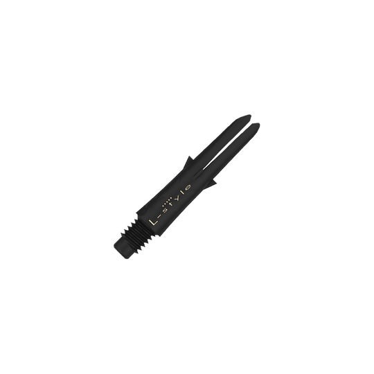 L style carbon shafts Das Bild zeigt einen schwarzen Dart-Schaft aus Carbon mit der Aufschrift "L-style". Der Schaft ist ohne Kappen und hat ein Gewinde am unteren Ende.