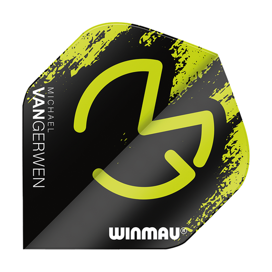 Das Bild zeigt das Produkt "Winmau Mega MvG Green Black Standard Flights". Es ist überwiegend schwarz mit grünen Akzenten und trägt den Namen "Michael van Gerwen" sowie das Winmau-Logo.