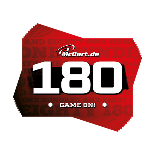 698_McDart_180er_Schilder_10_Stk_1 Das Bild zeigt ein rotes Schild mit der großen weißen Zahl "180" und dem Schriftzug "McDart.de" darauf. Unten steht zusätzlich "GAME ON!" und im Hintergrund sieht man den Schriftzug "ONE HUNDRED AND EIGHTY".