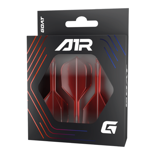 Die Abbildung zeigt das Produkt "GOAT A1R No6 Flight-Shaft-System – Rot" in seiner Verpackung. Im Sichtfenster der Schachtel sind drei rote Dart-Flights und -Schäfte zu sehen.