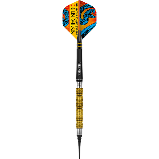 Red Dragon Peter Wright Double World Champion SE Gold Plus Softdarts - 20g Das Bild zeigt einen Softdart mit goldfarbenem Griff und bunter Spitze. Auf dem Flight steht "Snakebite Double World Champion" und es ist ein blauer Drache abgebildet.