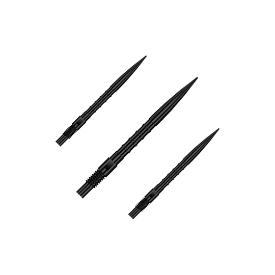 Zu sehen ist QP33164 Harrows Quick Point HeavyMetalGrip Dartspitzen Schwarz 26mm 1Set. Es handelt sich um schwarze Ersatz-Dartspitzen mit speziellem Grip.
