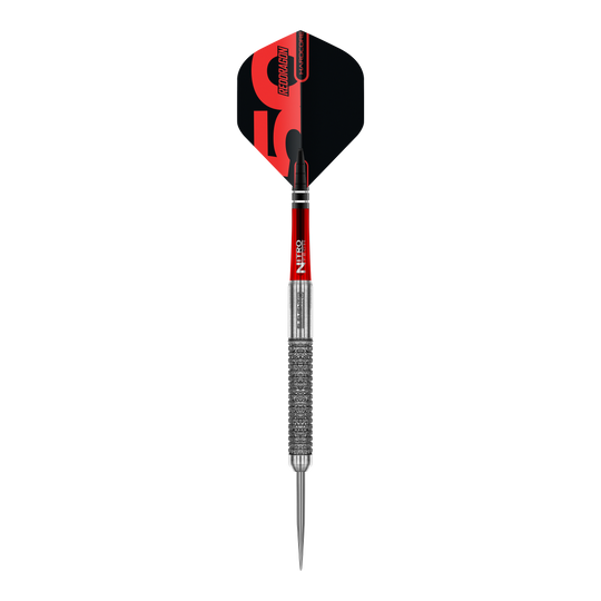 Red Dragon 50 Year Collection Element 6 B Steeldarts - 24g in Nahaufnahme. Das Bild zeigt das Design und die Details des Steeldarts.