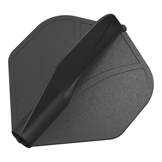 Shot Airfoil Molded No2 Standard Flights Das Bild zeigt eine schwarze, geformte Dart-Flügel aus Kunststoff. Die Oberfläche ist leicht strukturiert und hat eingeprägte Linien.
