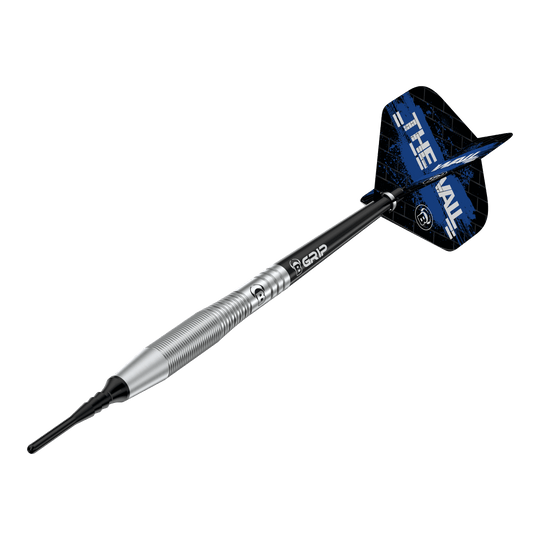 Bulls Martin Schindler TW80 soft darts - 18g Auf dem Bild ist der Bulls Martin Schindler TW80 Softdart mit einem Gewicht von 18g zu sehen. Der Dart hat ein silbernes Barrel und schwarze Flights mit blauem Design.