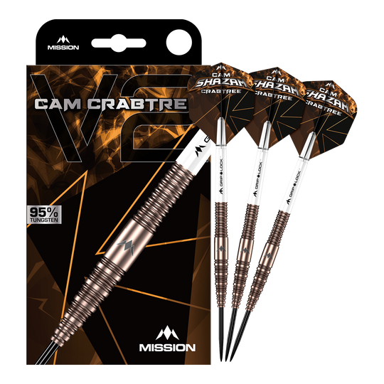 Das Bild zeigt die Mission Cam Crabtree V2 Steeldarts in voller Ansicht. Es handelt sich um ein Set von Steeldarts, präsentiert von vorne.