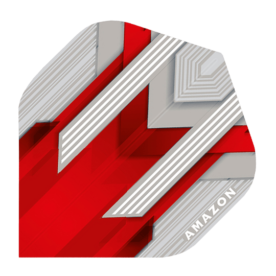 A-29-Amazon-Silver-No2-Red-FlightsR0LL0zfT8W1zr Das Bild zeigt einen Dartflight mit einem modernen Design in Rot, Silber und Weiß. In der rechten unteren Ecke steht das Wort "AMAZON".