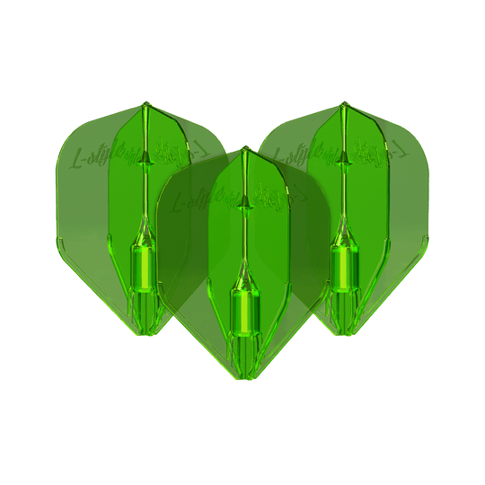 L-Style Fantom L3EZ Flights Green Das Bild zeigt drei grüne L-Style Fantom L3EZ Flights für Dartpfeile. Die Flights sind durchsichtig und haben eine glänzende Oberfläche.