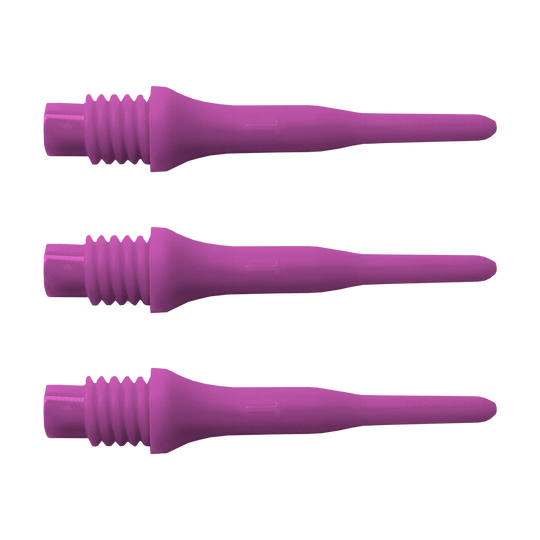 896_Bulls_Tefo_X_Softdart-Spitzen_100erPack_Pink_1I2UgU5RPRM89p Das Bild zeigt drei lila Dartspitzen nebeneinander. Es handelt sich um das Produkt "Bulls Tefo X Spitzen (1000er) Pack - Spitzen".