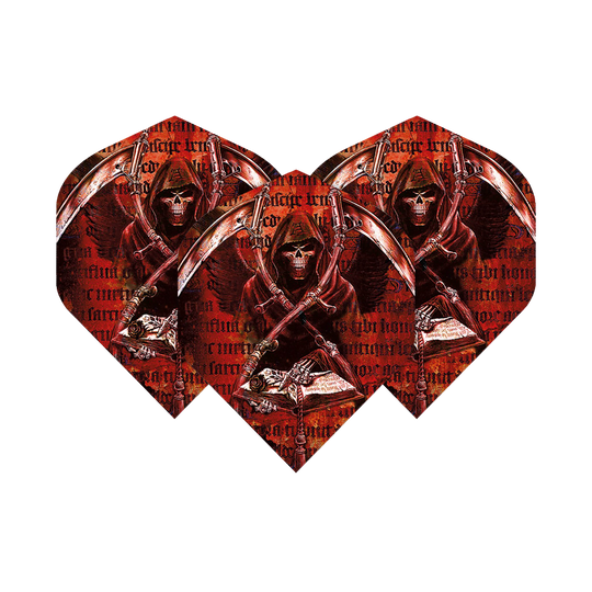 ALC3_Alchemy_Day_Of_Reckoning_Standard_Flights_1RjUxNZXDE5S9z Das Bild zeigt drei Dartflights mit einem düsteren Sensenmann-Design. Die Farben sind überwiegend rot und schwarz, und im Hintergrund sind Schriftzüge zu sehen.