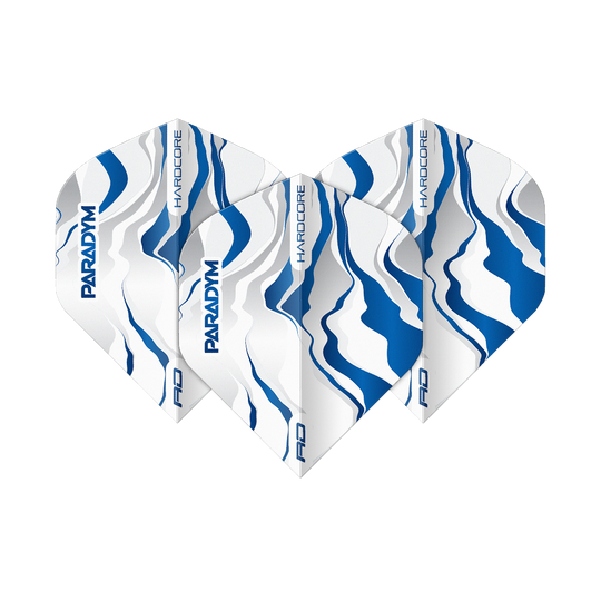 Dieses Bild zeigt ein Set der Red Dragon Hardcore Premium Paradym Blue Premium No2 Standard Flights. Es handelt sich um hochwertige, blaue Dartflights für ambitionierte Spieler.